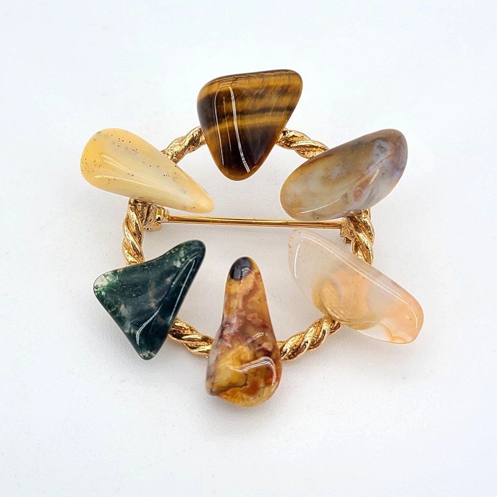 VTG 50s/60s Family Circle Gemstone Wreath Brooch 1.5" Tigers Eye Agate Jasper